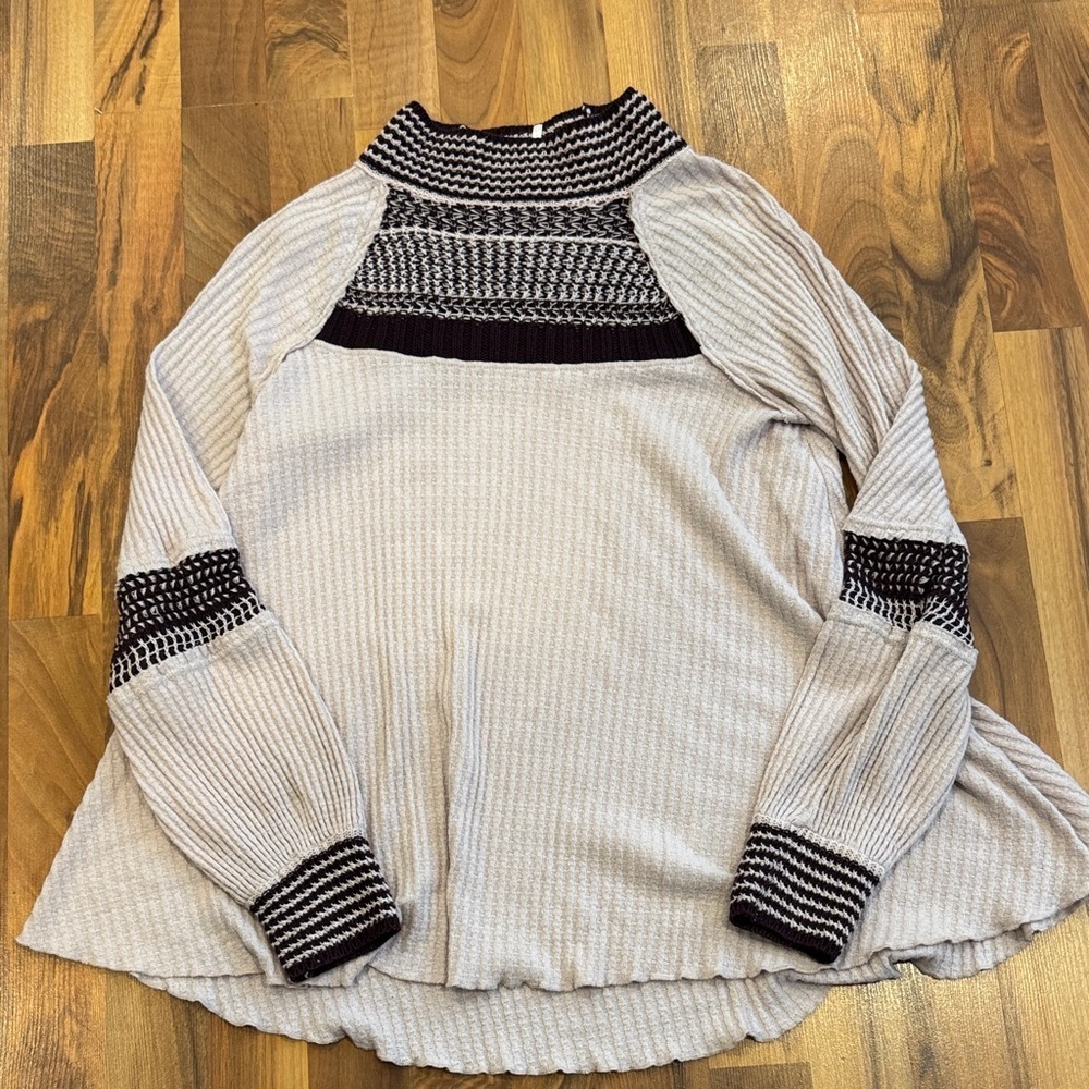 Free People Cream and Brown Ribbed Turtleneck Sweater